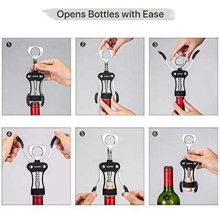 Wine Opener, Zinc Alloy Premium Wing Corkscrew Wine Bottle Opener with Multifunctional Bottles Opener, Upgrade - Black