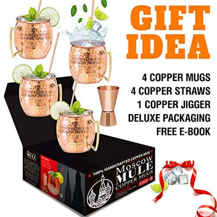 Benicci Moscow Mule Copper Mugs - Set of 4 - 100% HANDCRAFTED - Food Safe Pure Solid Copper Mugs - 16 oz Gift Set with BONUS: Premium Quality Cocktail Copper Straws and Jigger!