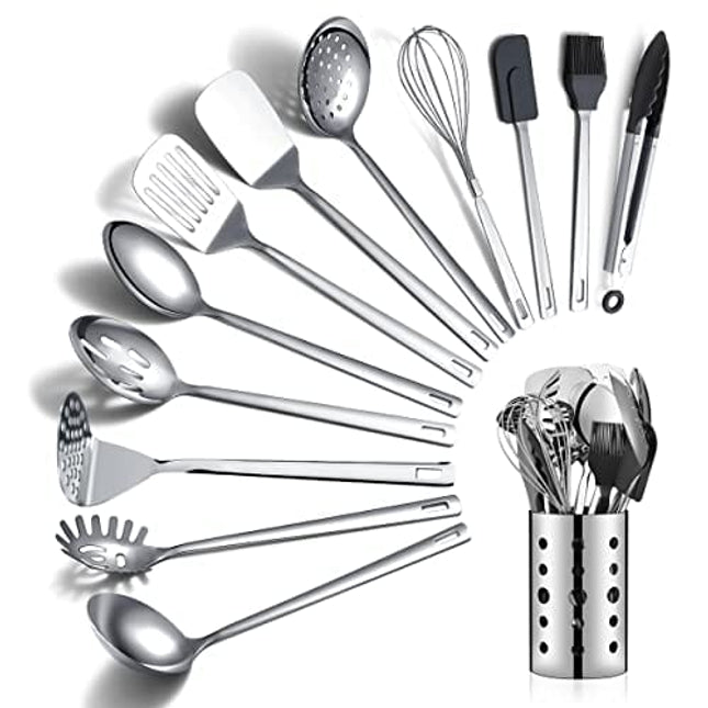 Stainless Steel Cooking Utensils Set, Berglander 13 Pieces Kitchen Utensils Set, Kitchen Tools Set With Utensil Holder Non-Stick And Heat Resistant,Dishwasher Safe, Easy to Clean (13 Packs)
