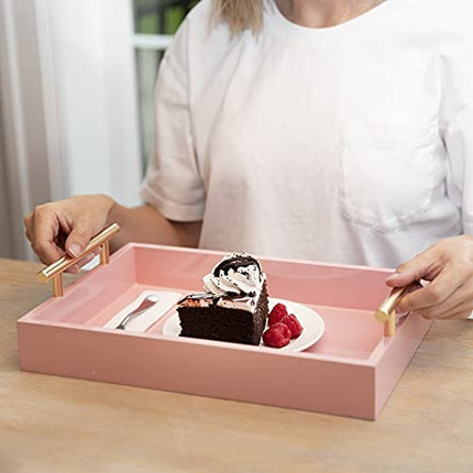 2 Pack Nesting Decorative Trays - Ottoman Serving Tray with Polished Handles & Glossy Finish - for Living Room Coffee Table, Bed, Couch, Kitchen for Dining, Parties Or Bathroom Organization – Pink