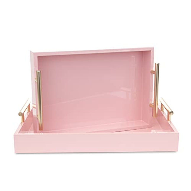 2 Pack Nesting Decorative Trays - Ottoman Serving Tray with Polished Handles & Glossy Finish - for Living Room Coffee Table, Bed, Couch, Kitchen for Dining, Parties Or Bathroom Organization – Pink