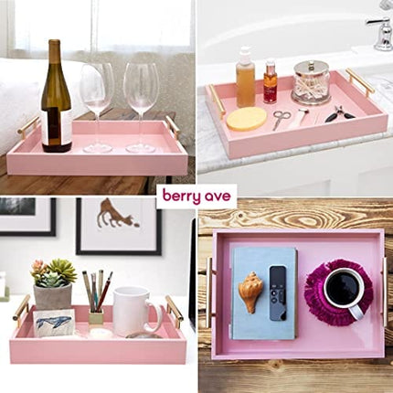 2 Pack Nesting Decorative Trays - Ottoman Serving Tray with Polished Handles & Glossy Finish - for Living Room Coffee Table, Bed, Couch, Kitchen for Dining, Parties Or Bathroom Organization – Pink