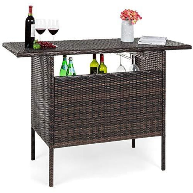 Best Choice Products Outdoor Patio Wicker Bar Counter Table Backyard Furniture w/ 2 Steel Shelves and 2 Sets of Rails - Brown