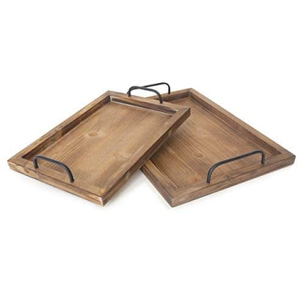 Besti Rustic Vintage Food Serving Trays (Set of 2) | Nesting Wooden Board with Metal Handles | Stylish Farmhouse Decor Serving Platters | Large: 15 x2 x11" - Small: 13 x2 x9" inches (Rustic Burnt)