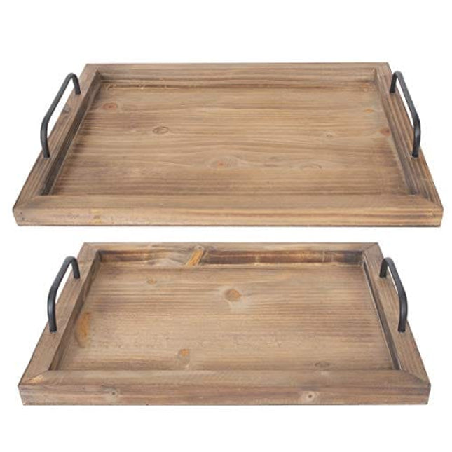 Besti Rustic Vintage Food Serving Trays (Set of 2) | Nesting Wooden Board with Metal Handles | Stylish Farmhouse Decor Serving Platters | Large: 15 x2 x11" - Small: 13 x2 x9" inches (Rustic Burnt)