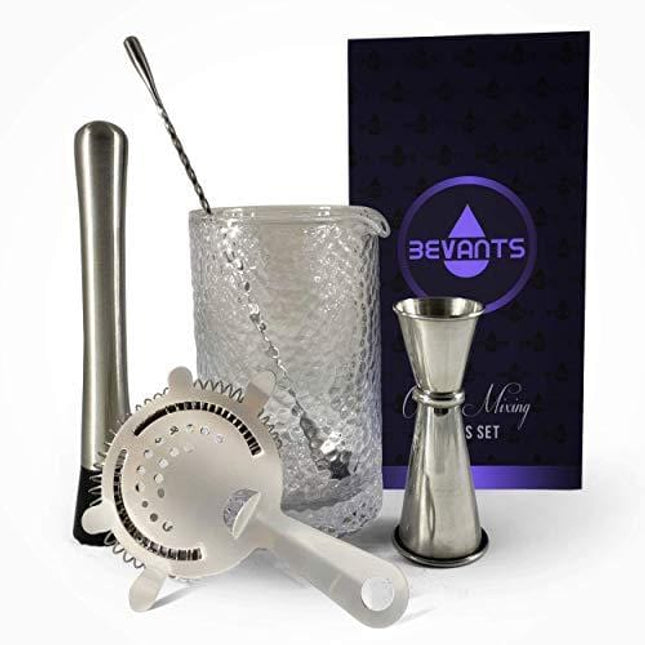 Bevants Cocktail Mixing Glass Bar Set - Bartender Kit Stainless Steel -24 oz Crystal Mixing Glass for Home Bar - 5 Piece Bar Accessories- Hawthorne Strainer, Bar Spoon, Jigger and Muddler. Great Gift