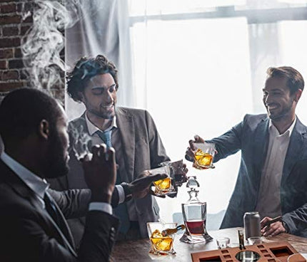 Bezrat Old Fashioned Cigar Whiskey Glasses With Mounted Cigar Rest Gift Set + Cigar Cutter, Ashtray, Chilling Stones and accessories on Wooden Tray – Cigarette Smoking Ash Tray Granite Rocks (Brown)