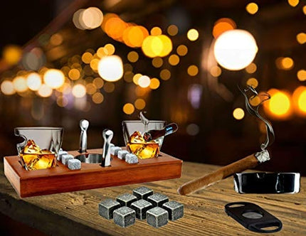 Bezrat Old Fashioned Cigar Whiskey Glasses With Mounted Cigar Rest Gift Set + Cigar Cutter, Ashtray, Chilling Stones and accessories on Wooden Tray – Cigarette Smoking Ash Tray Granite Rocks (Brown)