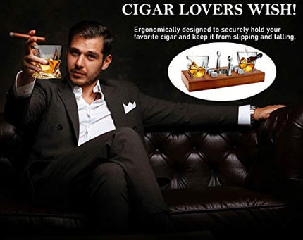 Bezrat Old Fashioned Cigar Whiskey Glasses With Mounted Cigar Rest Gift Set + Cigar Cutter, Ashtray, Chilling Stones and accessories on Wooden Tray – Cigarette Smoking Ash Tray Granite Rocks (Brown)