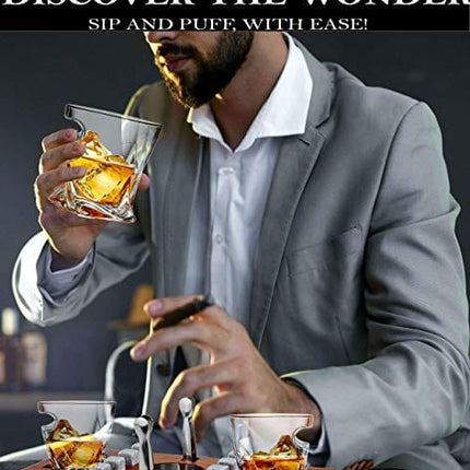 Bezrat Old Fashioned Cigar Whiskey Glasses With Mounted Cigar Rest Gift Set + Cigar Cutter, Ashtray, Chilling Stones and accessories on Wooden Tray – Cigarette Smoking Ash Tray Granite Rocks (Brown)