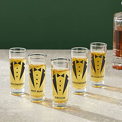 Blue Panda Party Favors Shot Glasses - Bachelor Shot Glasses with Tuxedo and Groom, Best Man & Groomsman Prints- Set of 5, 2 oz Each