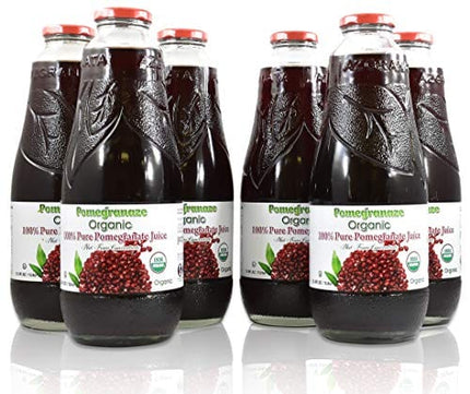 100% Pomegranate Juice - USDA Organic Certified - Glass Bottle (6 Pack) No Sugar, No Artificial Colors, No Preservatives, No Flavors Added