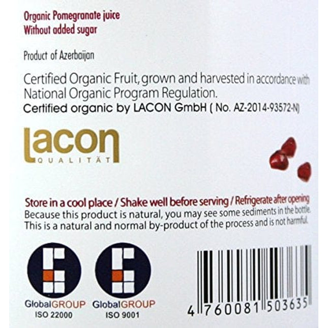100% Pomegranate Juice - USDA Organic Certified - Glass Bottle (6 Pack) No Sugar, No Artificial Colors, No Preservatives, No Flavors Added