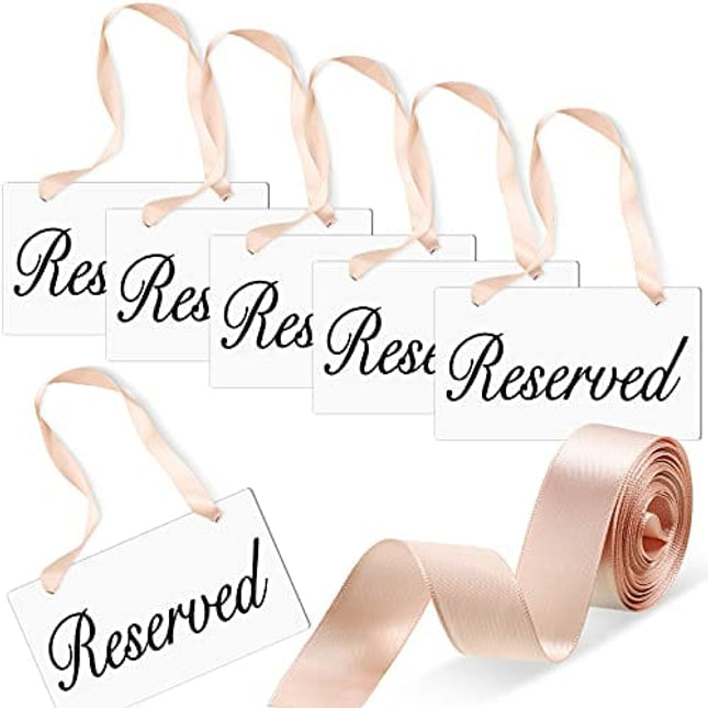 Blulu 6 Pieces Wooden Reserved Signs Hanging White Wood Signs Wedding Chair Seating Handmade Signage Rustic Style Wood Signs, 1 roll Light Coffee Color Ribbon for Wedding and Restaurant Use