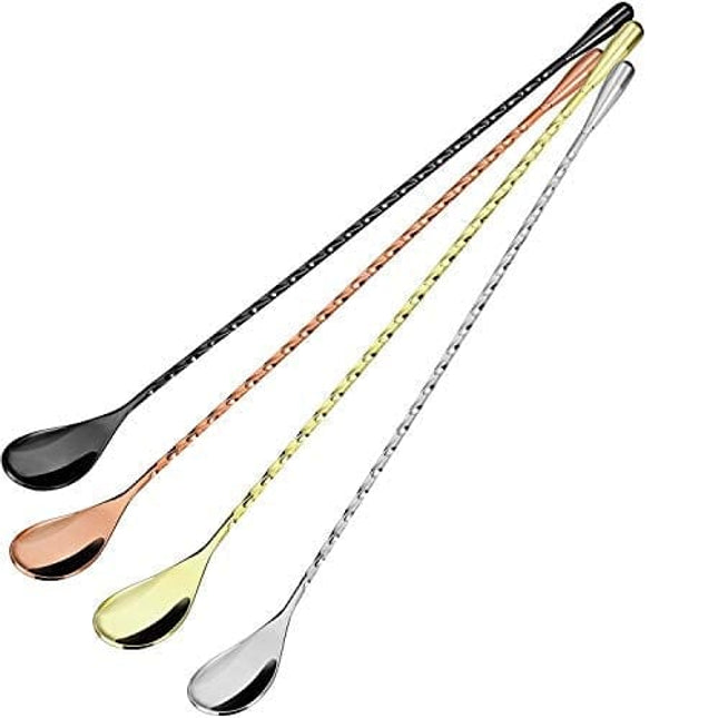4 Pieces Cocktail Spoon Bar Stirring Spoon Long Handle Stainless Steel Spiral Pattern Cocktail Mixing Shaker Spoon, 12 Inch, 4 Colors (Silver, Gold, Rose Gold, Black)