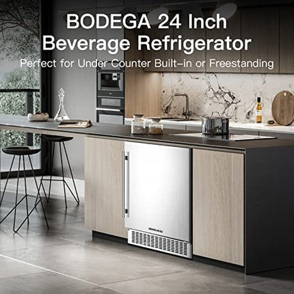 BODEGA Beverage Cooler 24 Inch, Built-in and Freestanding Beverage Refrigerator 180 Cans, Stainless Steel Under Counter Beverage Fridge with Advanced Cooling System, Adjustable Shelf, Energy Saving, Perfect for Soda, Water, Beer, etc.