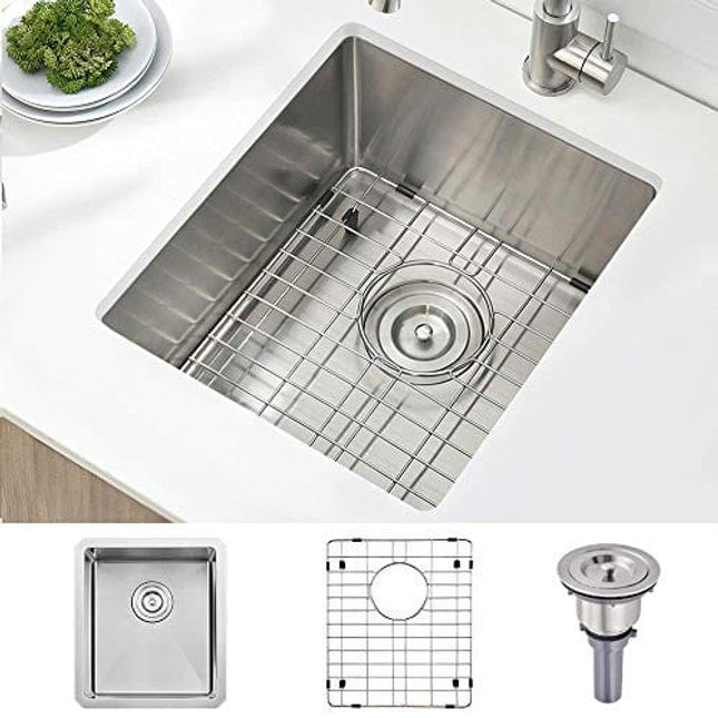 Stainless Steel Undermount Small Kitchen Bar Sink, 15 x 17 Inches 16 Gauge SUS304 Brushed Nickel Single Bowl Outdoor Bar Sink RV Sink with Bottom Rinse Grid and Basket Drain Strainer