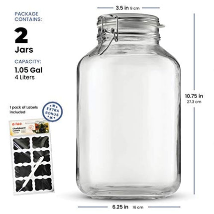 Bormioli Rocco Glass Fido Jars - 135¼ Ounce (4 Liter) with hermetically Sealed hinged Airtight lid for Fermenting, Preserving, Bulk - dry Food Storage, With Paksh Novelty Chalkboard Label Set (2 Pack)
