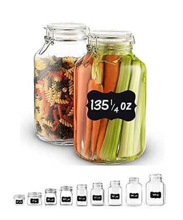 Bormioli Rocco Glass Fido Jars - 135¼ Ounce (4 Liter) with hermetically Sealed hinged Airtight lid for Fermenting, Preserving, Bulk - dry Food Storage, With Paksh Novelty Chalkboard Label Set (2 Pack)