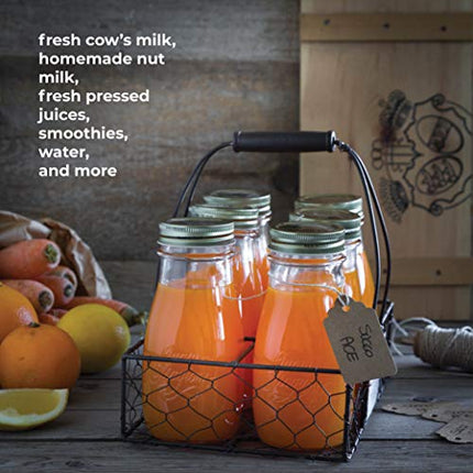 Bormioli Rocco Quattro Stagioni Glass Drinking jar bottle 13½ Ounce Milk Bottles with Gold Metal Airtight Lids, For Juicing, Smoothies, Homemade Beverages Bottle, Reusable Glass Water Bottle (6 Pack)