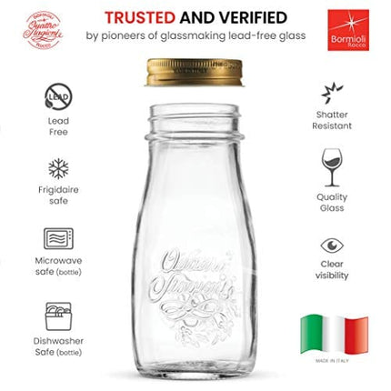 Bormioli Rocco Quattro Stagioni Glass Drinking jar bottle 13½ Ounce Milk Bottles with Gold Metal Airtight Lids, For Juicing, Smoothies, Homemade Beverages Bottle, Reusable Glass Water Bottle (6 Pack)