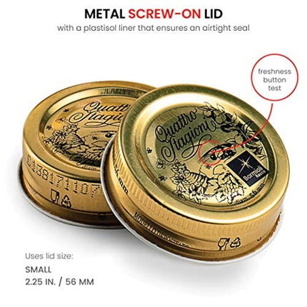 Bormioli Rocco Quattro Stagioni Glass Drinking jar bottle 13½ Ounce Milk Bottles with Gold Metal Airtight Lids, For Juicing, Smoothies, Homemade Beverages Bottle, Reusable Glass Water Bottle (6 Pack)