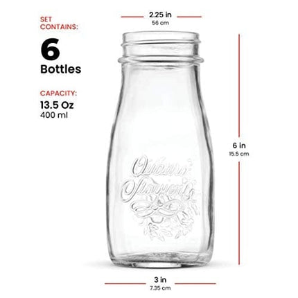 Bormioli Rocco Quattro Stagioni Glass Drinking jar bottle 13½ Ounce Milk Bottles with Gold Metal Airtight Lids, For Juicing, Smoothies, Homemade Beverages Bottle, Reusable Glass Water Bottle (6 Pack)