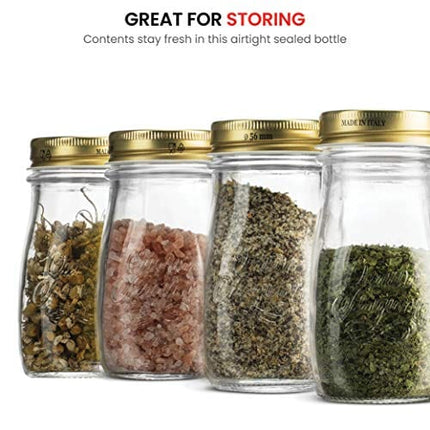 Bormioli Rocco Quattro Stagioni Glass Drinking jar bottle 13½ Ounce Milk Bottles with Gold Metal Airtight Lids, For Juicing, Smoothies, Homemade Beverages Bottle, Reusable Glass Water Bottle (6 Pack)