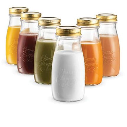 Bormioli Rocco Quattro Stagioni Glass Drinking jar bottle 13½ Ounce Milk Bottles with Gold Metal Airtight Lids, For Juicing, Smoothies, Homemade Beverages Bottle, Reusable Glass Water Bottle (6 Pack)