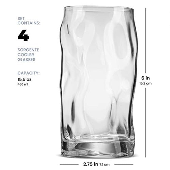 Bormioli Rocco SORGENTE Tall Drinking Glasses 15.5 Ounce Highball Glass (Set of 4) Mojito glass, Italian Made Bar Glasses, Glass Cups for Water, Juice, Beer, Drinks, Cocktails, Lead-Free Pint Glasses.