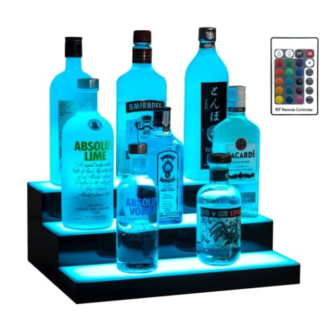 Boss Premium 16 Inch LED Lighted Bar Liquor Bottle Alcohol Whiskey 3-Step Shelf Rack Stand Display Tray Units for Home Bar Living Room Accessories and Decor - Designed in USA