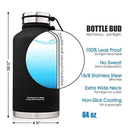 Bottle Bud Insulated Beer Growler – Keeps Beer Carbonated and Cold for More Than 24 Hours – Keeps Drinks Hot for 12 Hours – Leak Proof Lid, Neoprene Carry Case – Stainless Steel Growler for Beer 64 oz