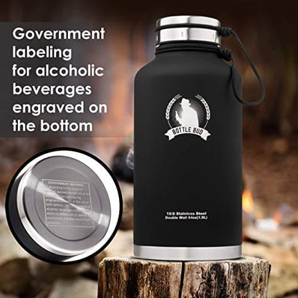Bottle Bud Insulated Beer Growler – Keeps Beer Carbonated and Cold for More Than 24 Hours – Keeps Drinks Hot for 12 Hours – Leak Proof Lid, Neoprene Carry Case – Stainless Steel Growler for Beer 64 oz