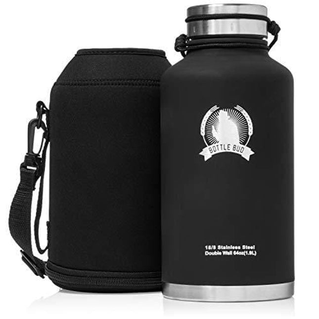 Bottle Bud Insulated Beer Growler – Keeps Beer Carbonated and Cold for More Than 24 Hours – Keeps Drinks Hot for 12 Hours – Leak Proof Lid, Neoprene Carry Case – Stainless Steel Growler for Beer 64 oz