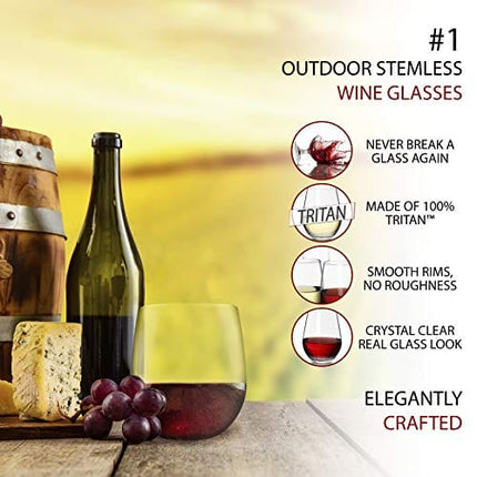 Bravario Unbreakable Stemless Plastic Wine Glasses | Reusable | Shatterproof 100% Tritan Plastic | Dishwasher-Safe | BPA-free | Awesome for Indoor & Outdoor | 13 oz, Set of 4