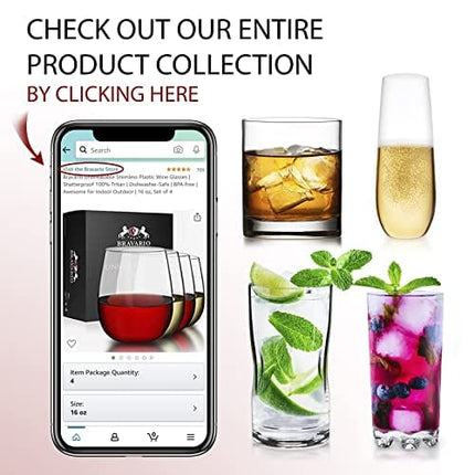 Bravario Unbreakable Stemless Plastic Wine Glasses | Reusable | Shatterproof 100% Tritan Plastic | Dishwasher-Safe | BPA-free | Awesome for Indoor & Outdoor | 13 oz, Set of 4