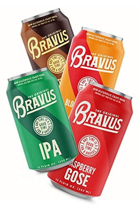 Bravus Non-Alcoholic Variety Sampler 12 Pack x 12 Fl Oz Cans - Low-Calorie, Gluten-Reduced, Vegan NA Craft Brew, 2 IPA, 2 Oatmeal Dark, 2 Raspberry Goose, 2 Peanut Butter Dark, 4 Blood Orange IPA
