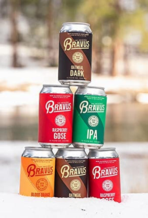 Bravus Non-Alcoholic Variety Sampler 12 Pack x 12 Fl Oz Cans - Low-Calorie, Gluten-Reduced, Vegan NA Craft Brew, 2 IPA, 2 Oatmeal Dark, 2 Raspberry Goose, 2 Peanut Butter Dark, 4 Blood Orange IPA