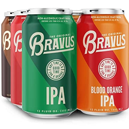Bravus Non-Alcoholic Variety Sampler 12 Pack x 12 Fl Oz Cans - Low-Calorie, Gluten-Reduced, Vegan NA Craft Brew, 2 IPA, 2 Oatmeal Dark, 2 Raspberry Goose, 2 Peanut Butter Dark, 4 Blood Orange IPA