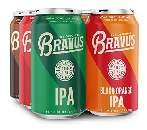 Bravus Non-Alcoholic Variety Sampler 12 Pack x 12 Fl Oz Cans - Low-Calorie, Gluten-Reduced, Vegan NA Craft Brew, 2 IPA, 2 Oatmeal Dark, 2 Raspberry Goose, 2 Peanut Butter Dark, 4 Blood Orange IPA