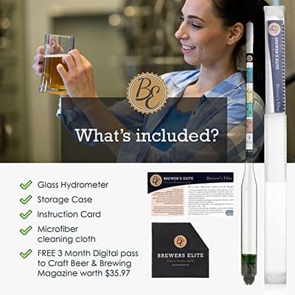 Brewer's Elite Hydrometer - for Home Brew Beer, Wine, Mead and Kombucha - Deluxe Triple Scale Set, Hardcase and Cloth - Specific Gravity ABV Tester