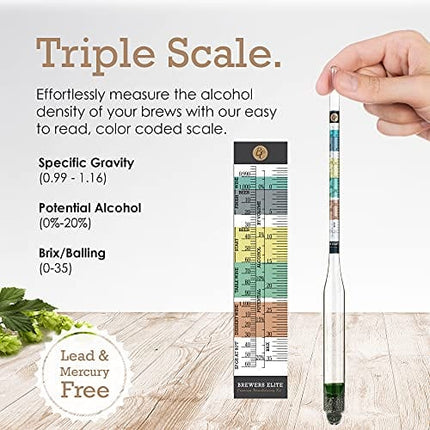 Brewer's Elite Hydrometer - for Home Brew Beer, Wine, Mead and Kombucha - Deluxe Triple Scale Set, Hardcase and Cloth - Specific Gravity ABV Tester