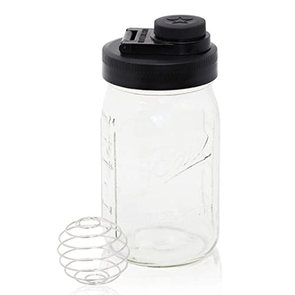 Brewing America Mason Jar Shaker Bottle, Glass Mixer Perfect as Workout Protein Shaker, Glass Water Bottle, Baby Formula Mixer, 32-Ounce Wide Mouth Jar with Plastic Lid and Shaker Ball, Black