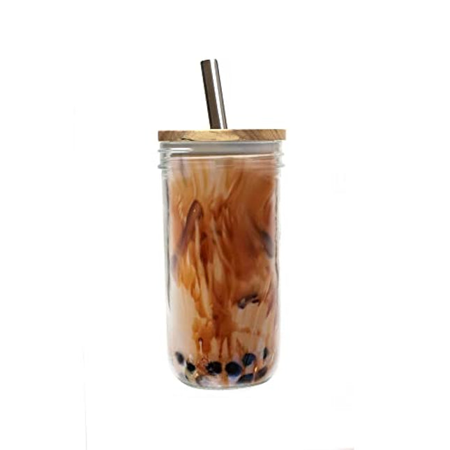 Brimley 20 oz Glass Tumbler, Reusable Smoothie Cup, Boba Bubble Tea Jar, Wide Mouth Mason Jar with Wooden Lid and Stainless Steel Straws (1 Pack - Acacia Lid)