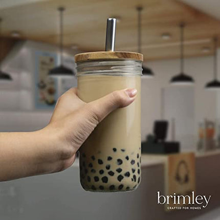 Brimley 20 oz Glass Tumbler, Reusable Smoothie Cup, Boba Bubble Tea Jar, Wide Mouth Mason Jar with Wooden Lid and Stainless Steel Straws (1 Pack - Acacia Lid)