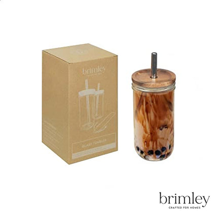 Brimley 20 oz Glass Tumbler, Reusable Smoothie Cup, Boba Bubble Tea Jar, Wide Mouth Mason Jar with Wooden Lid and Stainless Steel Straws (1 Pack - Acacia Lid)