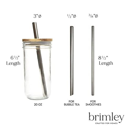 Brimley 20 oz Glass Tumbler, Reusable Smoothie Cup, Boba Bubble Tea Jar, Wide Mouth Mason Jar with Wooden Lid and Stainless Steel Straws (1 Pack - Acacia Lid)