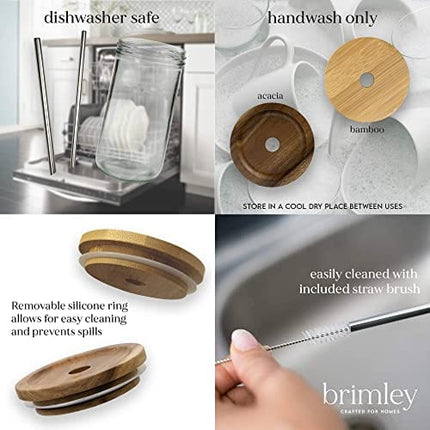 Brimley 20 oz Glass Tumbler, Reusable Smoothie Cup, Boba Bubble Tea Jar, Wide Mouth Mason Jar with Wooden Lid and Stainless Steel Straws (1 Pack - Acacia Lid)