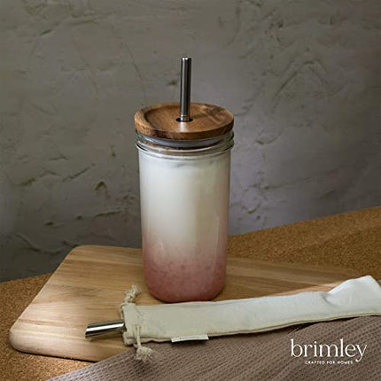 Brimley 20 oz Glass Tumbler, Reusable Smoothie Cup, Boba Bubble Tea Jar, Wide Mouth Mason Jar with Wooden Lid and Stainless Steel Straws (1 Pack - Acacia Lid)