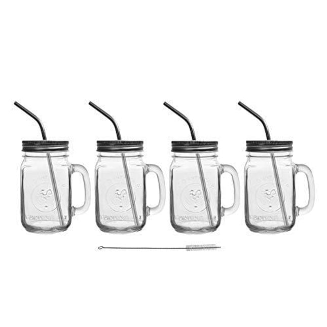 Mason Jar Mugs with Glass Handles and Metal Straws, Brimley 16oz Drinking Glasses Set of 4